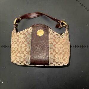 Coach Brown and Tan Monogram Shoulder Bag with Gold Hardware